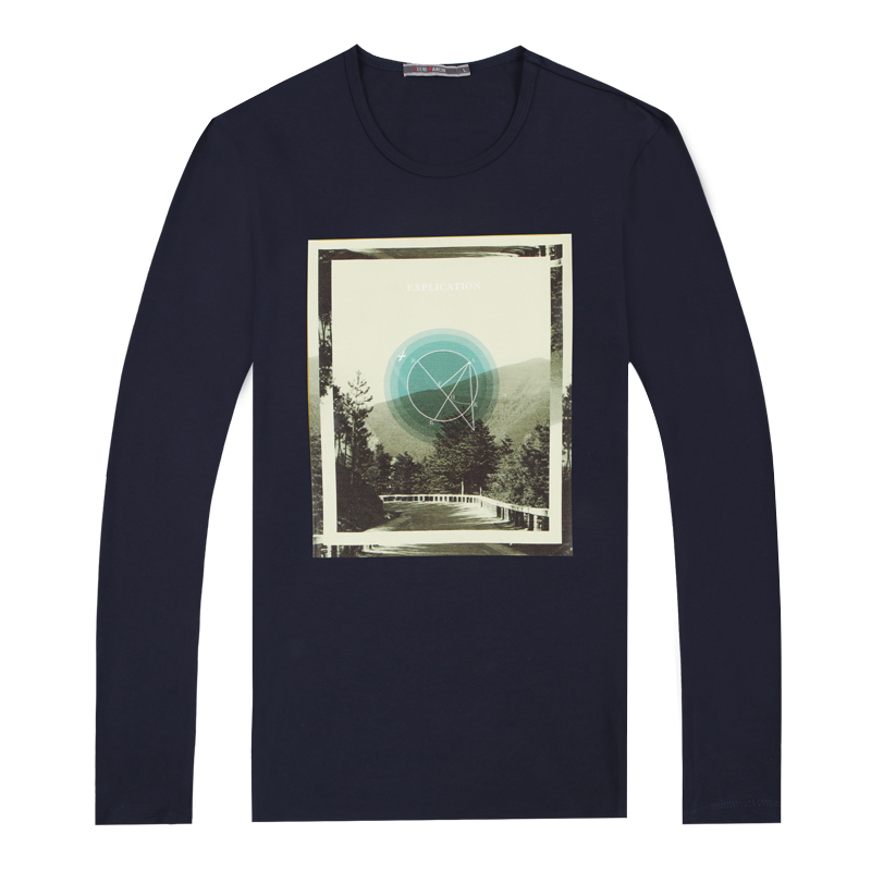 迪尔马奇春季新款男士休闲长袖T恤 风景印花男装打底衫M07616