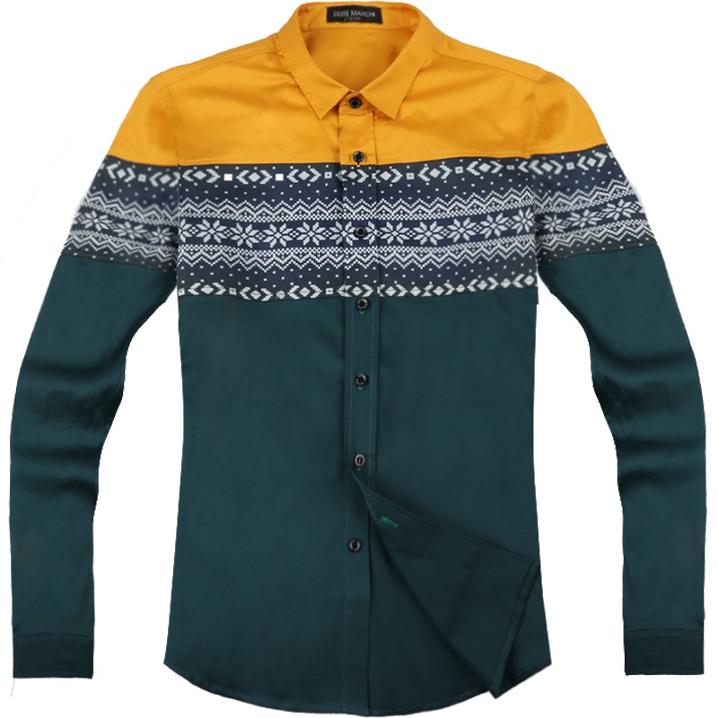 迪尔马奇 秋装新品三段撞色拼接时尚修身男士长袖衬衫M06600