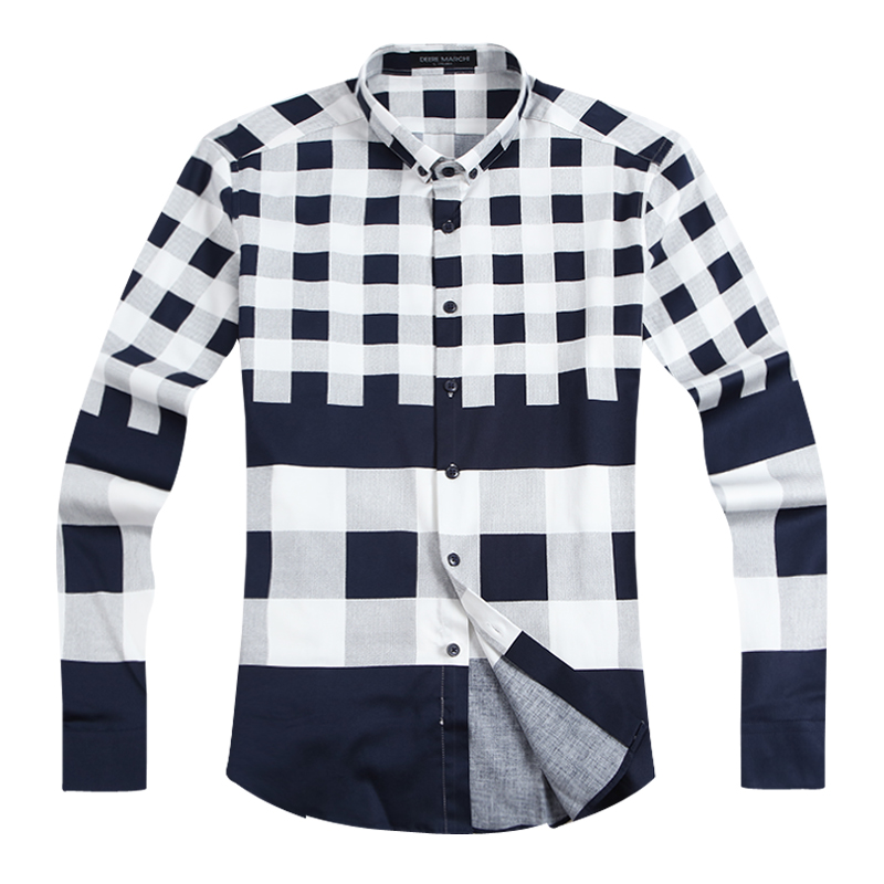 迪尔马奇春装新品男士休闲长袖衬衫 经典格子修身衬衣M06703