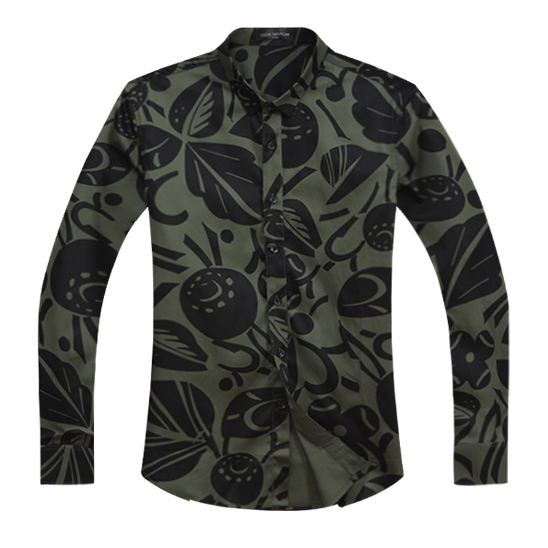 迪尔马奇春季新品男士休闲长袖衬衫 薄款潮流印花修身M06675