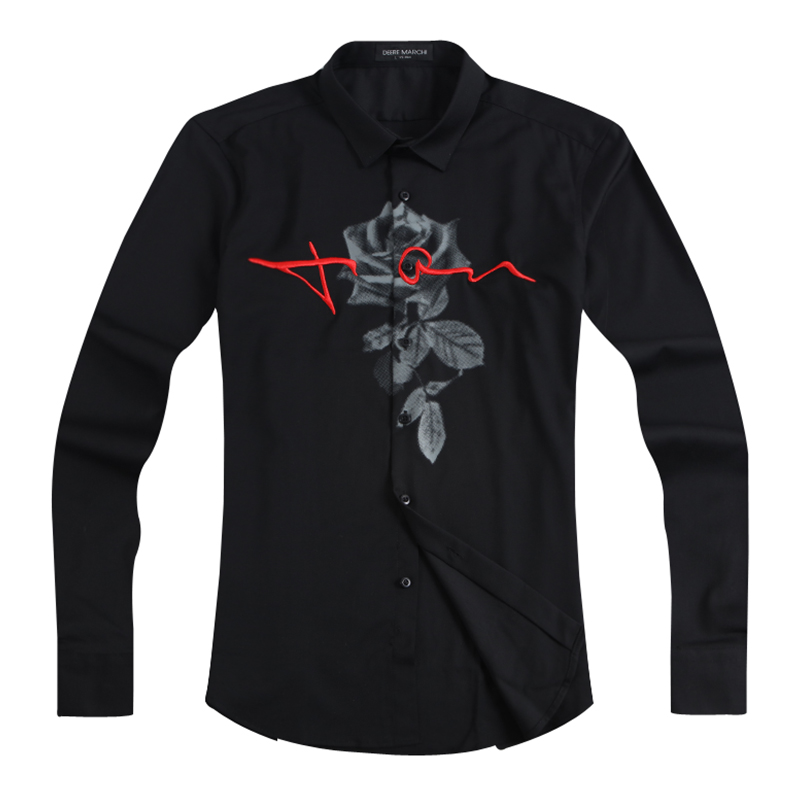 迪尔马奇春装新品男士休闲长袖衬衫玫瑰印花修身衬衣潮M06696