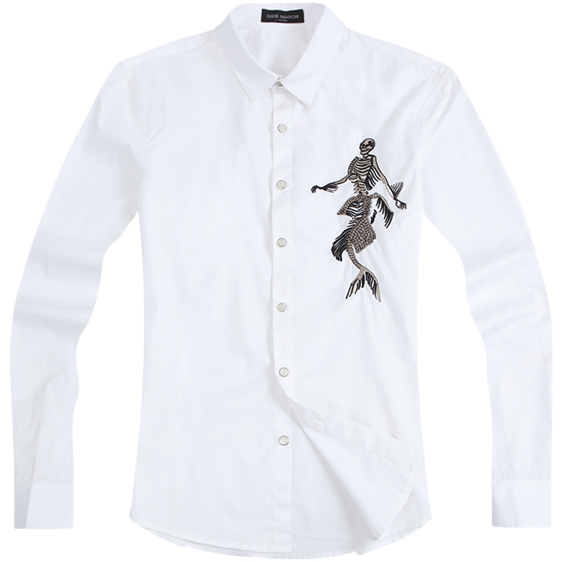 迪尔马奇新品男士休闲白衬衫 美人鱼刺绣男装衬衣M06677