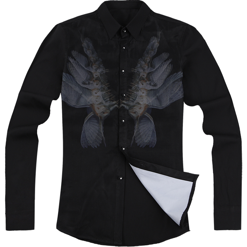 迪尔马奇 秋季新款衬衣印花欧根纱双层潮街男长袖衬衫M06585