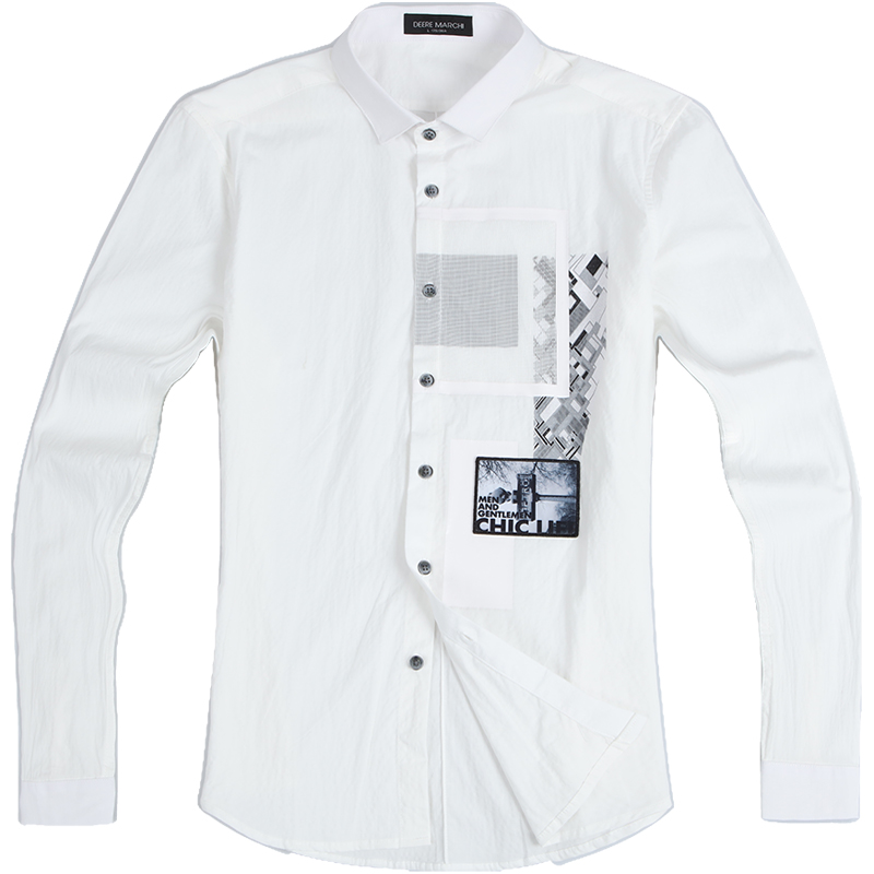 迪尔马奇新品男装个性印花拼接长袖衬衫修身衬衣M06715