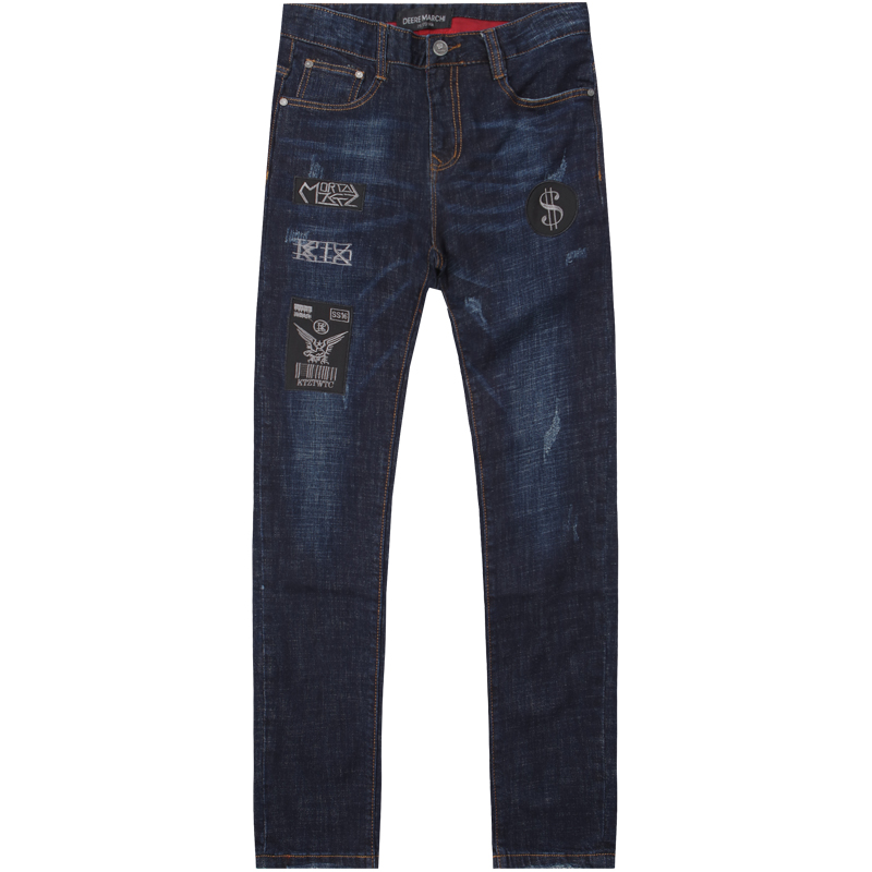 迪尔马奇秋新款男士休闲牛仔裤 贴布刺绣修身水洗潮M17605