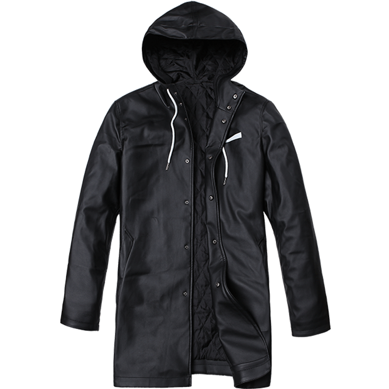 迪尔马奇 秋装新款连帽潮流PU皮风衣男中长款修身外套M23503