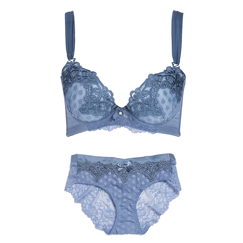 小胸胸罩少女性感内衣蓝色蕾丝刺绣女士调整型薄款聚拢文胸