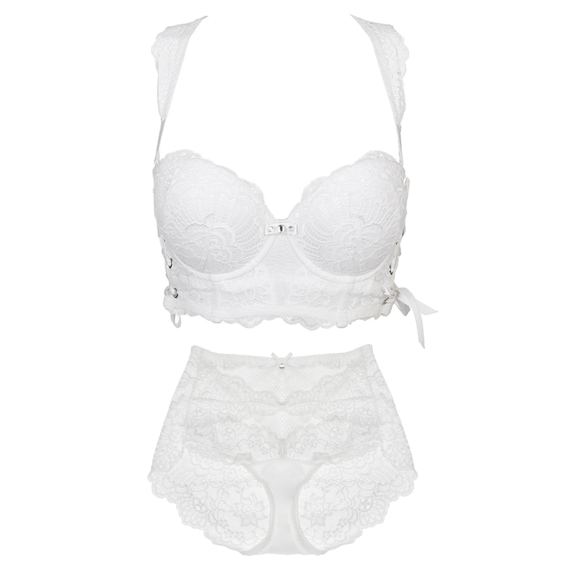 恋伊新品夏季女士内衣白色幻彩小胸厚杯聚拢文胸套装女配高腰裤