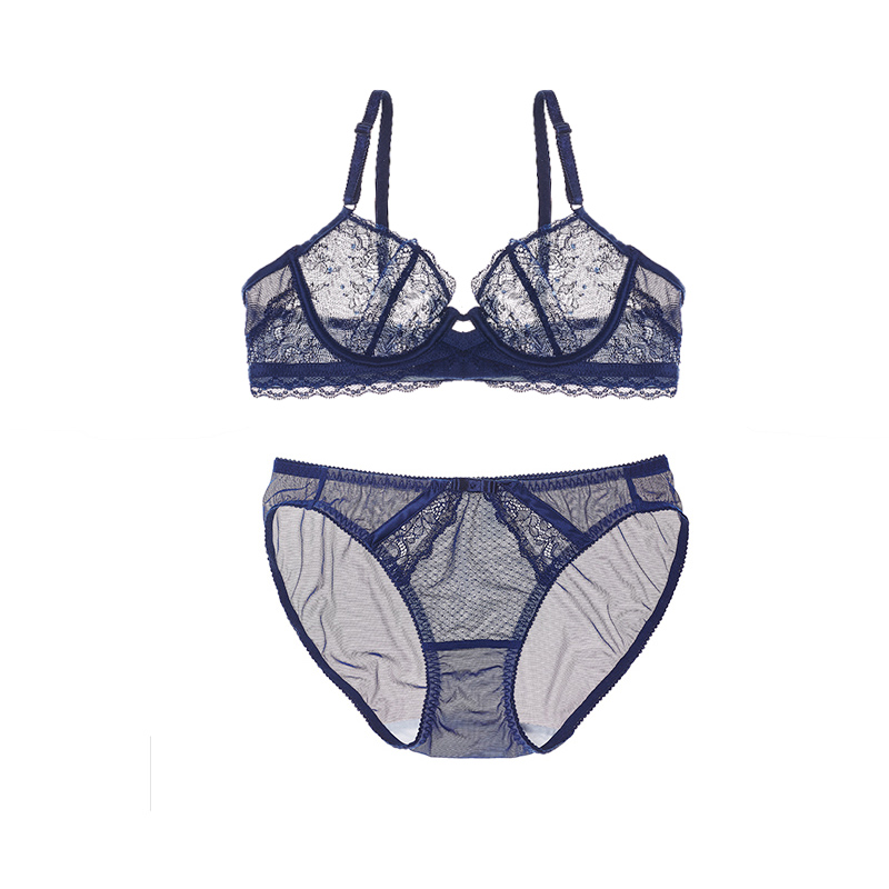 爱恋伊内衣夏季女士性感蕾丝内衣文胸套装 蓝色大码胸罩薄款聚拢