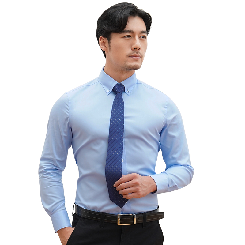 深海DeepOcean长袖白衬衫男2017纯棉免烫商务正装韩版修身蓝休闲衬衣 DDX25514L