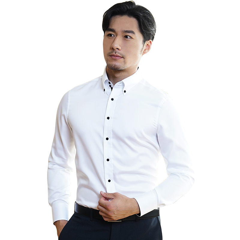 深海春季2017新品男士丝光棉长袖衬衫男纯色韩版修身商务休闲黑白纯棉免烫男衬衣 DDX25531L