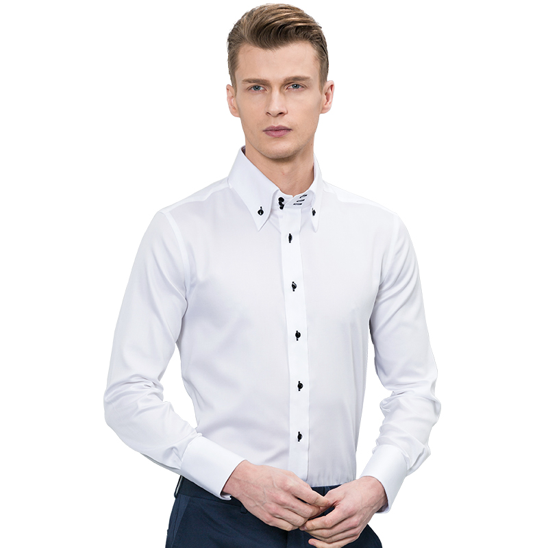 深海春季2017新品男士丝光棉长袖衬衫男纯色韩版修身商务休闲黑白纯棉免烫男衬衣 DDXA616L