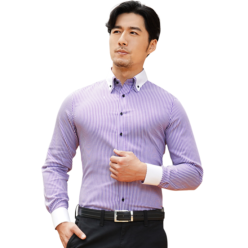 深海2017春装新款男士细条纹衬衫男长袖牛仔蓝男装商务休闲时尚修身衬衣男装韩 DDX25507L