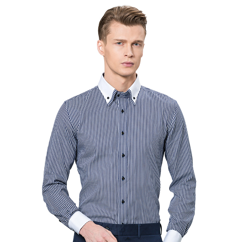 深海2017春装新款男士细条纹衬衫男长袖牛仔蓝男装商务休闲时尚修身衬衣男装韩 DDX25508L