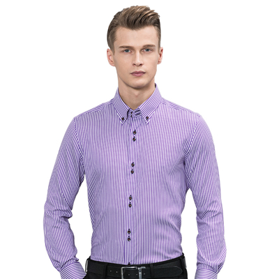 深海2017春装新款男士细条纹衬衫男长袖牛仔蓝男装商务休闲时尚修身衬衣男装韩 DDX25510L