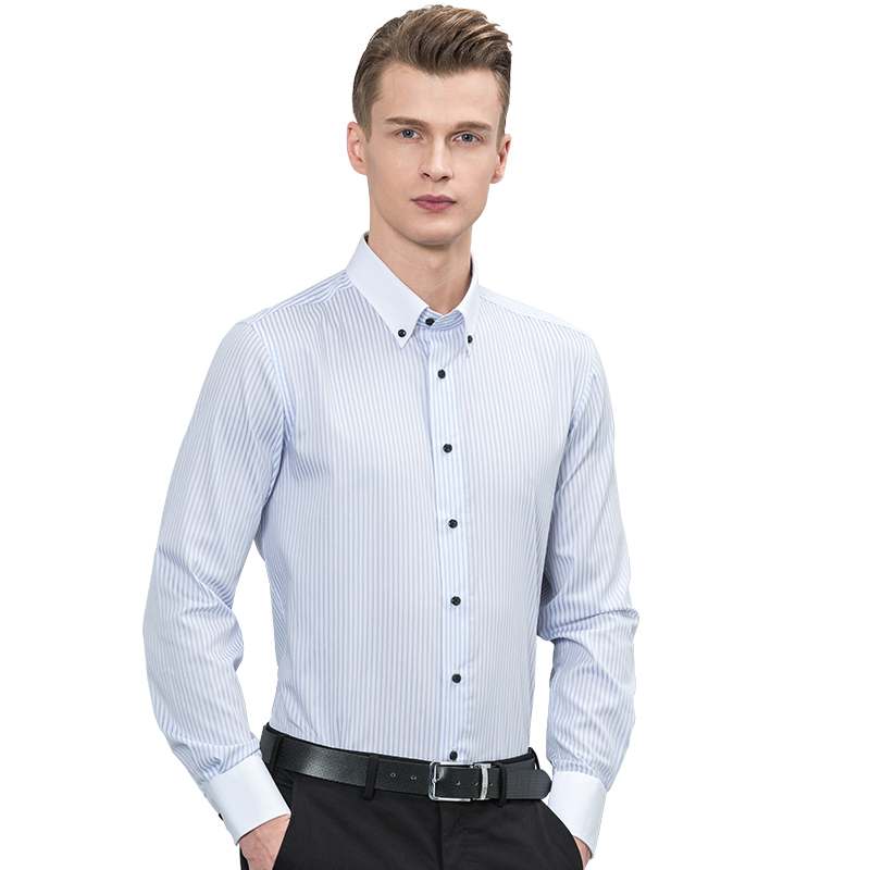 深海2017春季新款男士商务蓝白衬衫男长袖休闲条纹纯棉免烫衬衣男修身 DDX22503L