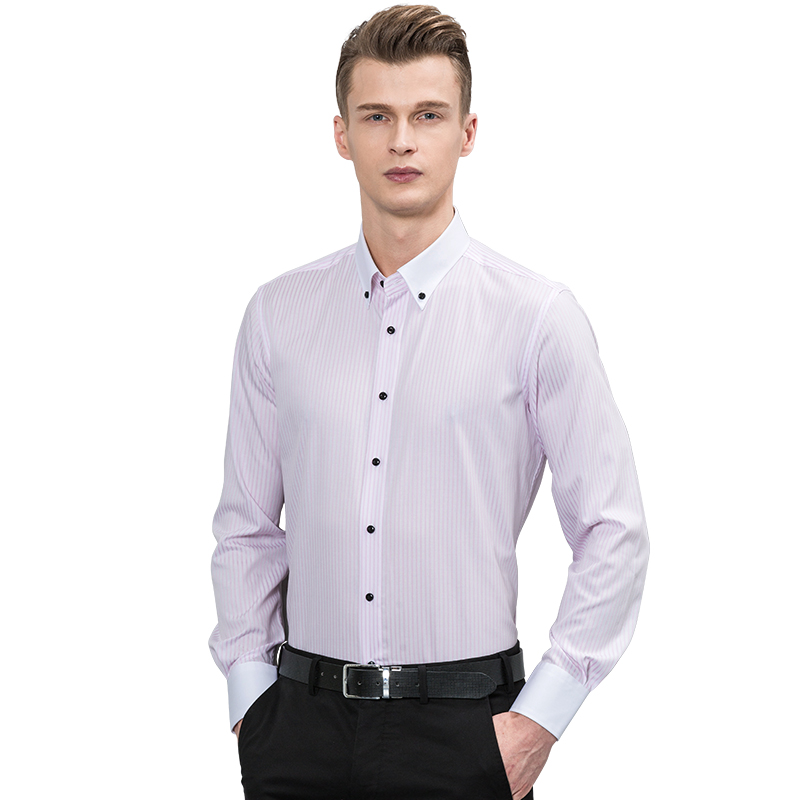 深海2017春季新款男士商务蓝白衬衫男长袖休闲条纹纯棉免烫衬衣男修身 DDX22504L