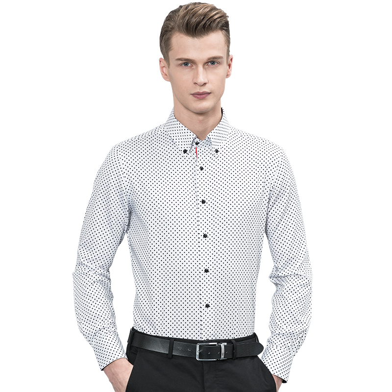 深海2017春季新款男士黑白印花衬衫男长袖波点丝光纯棉免烫商务休闲男装修身男装衬衣 DDX35568L