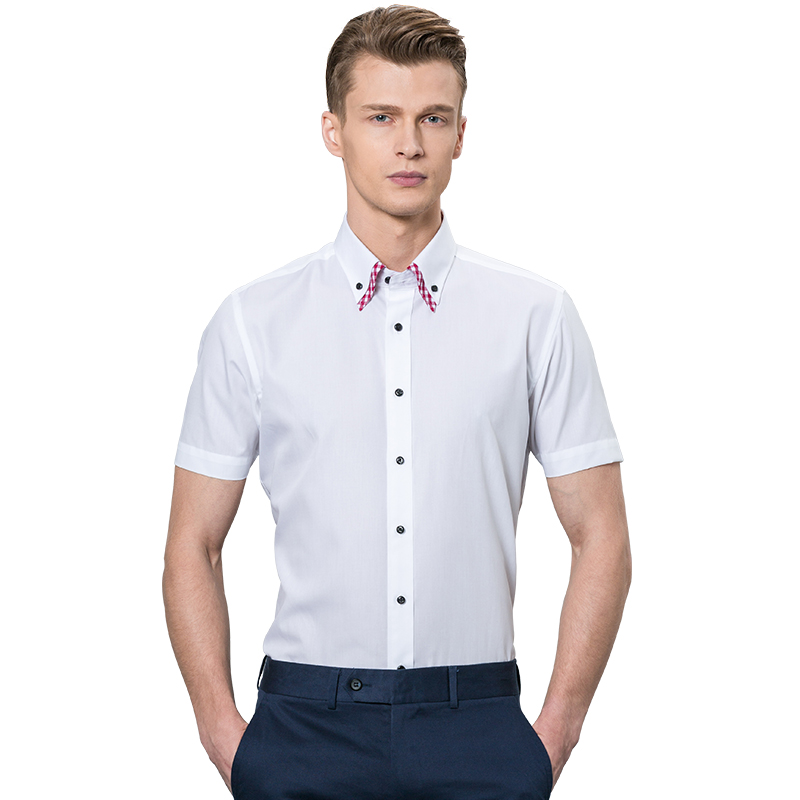 深海2017春夏季新款男士纯色短袖衬衫男装韩版修身纯棉免烫蓝白大码衬衣商务半 DDX35511S