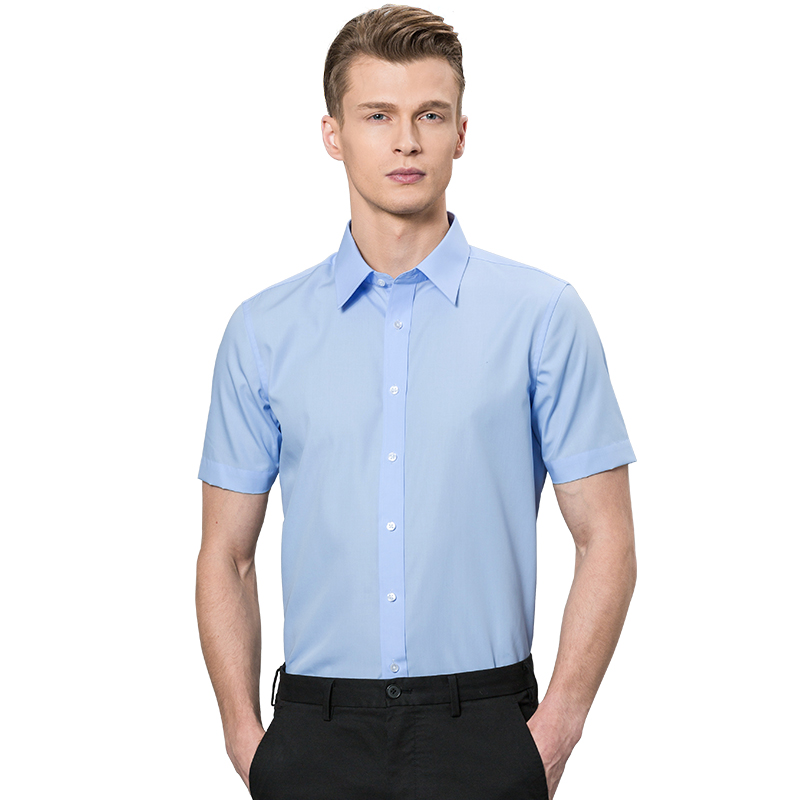 深海2017春夏季新款男士纯色短袖衬衫男装韩版修身纯棉免烫蓝白大码衬衣商务半 DDX35512S