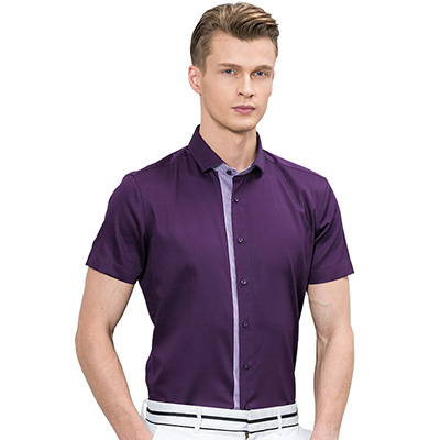 夏季丝光棉衬衣男短袖男士衬衫纯棉修身韩版商务休闲百搭潮流帅气 DDX56505S紫色