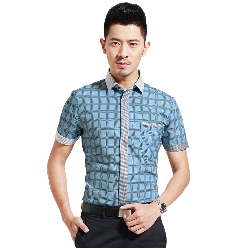深海夏季男士衬衫男短袖格子衬衣男装寸纯棉免烫修身韩版商务休闲 DDX46521S