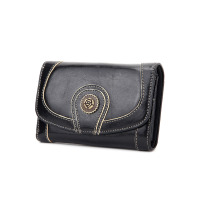 贝尔beier复古花朵撞色宴会旅行头层油腊牛皮真皮短款三折钱包女包