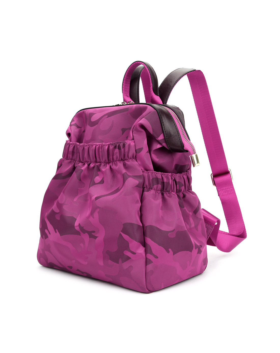 贝尔beier褶皱旅行休闲进口迷彩防水面料轻便拉链双肩包女包