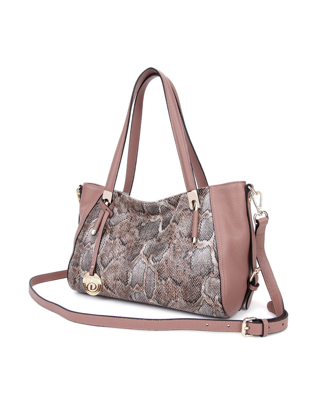 贝尔beier 动物纹休闲牛皮革真皮配进口蛇纹麻料韩版休闲手提包单肩包女包