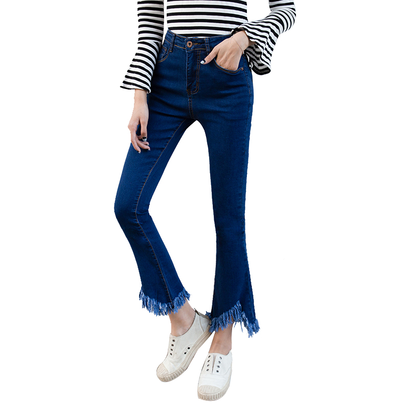天淳尔女装秋季牛仔裤微喇叭修身款青春2017HBYC-388 25码 蓝色