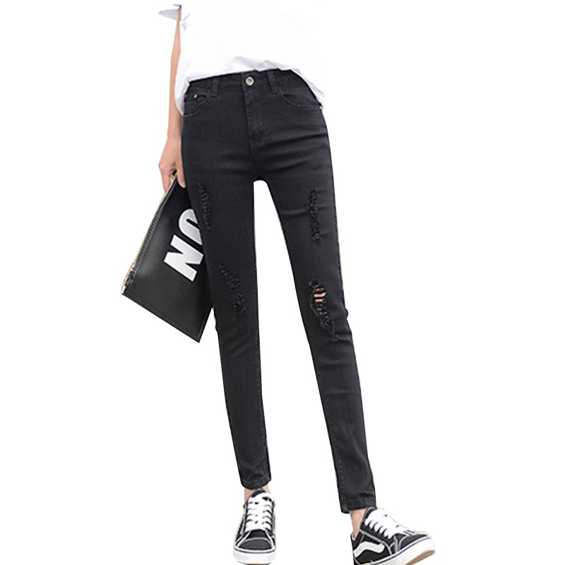 天淳尔女装秋季破洞弹力九分裤牛仔裤2018CY-351 26码 蓝色