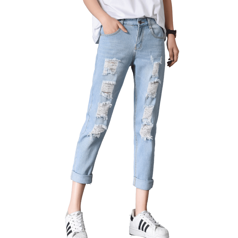 天淳尔女装秋季宽松破洞无弹哈伦九分裤牛仔裤2018CY-1638 25码 深蓝色