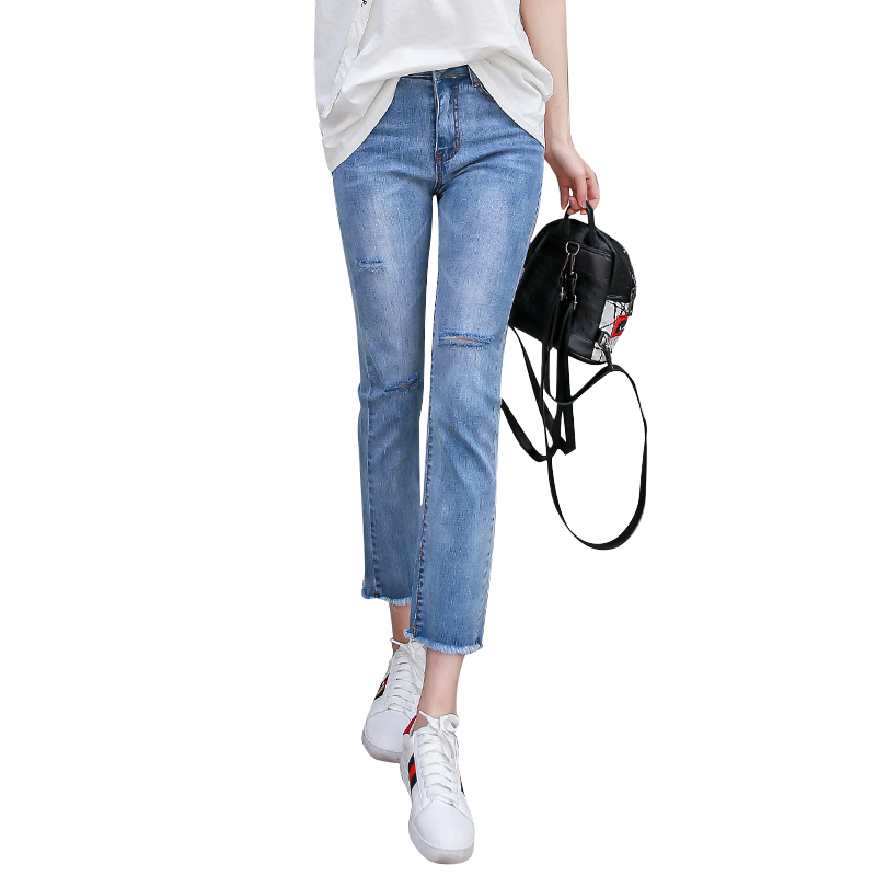 天淳尔女装秋季磨皮裤脚毛边九分牛仔裤2018MSL-699 25码 蓝色