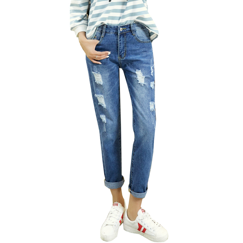 天淳尔女装舒适韩版破洞刮烂直筒牛仔裤2017KS-1207 25码 浅蓝色