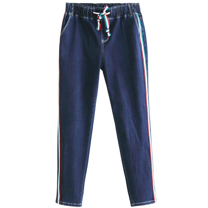 天淳尔女装舒适弹力韩版侧边三色织带松紧腰宽松长裤2017CYS-C353 25码 蓝色