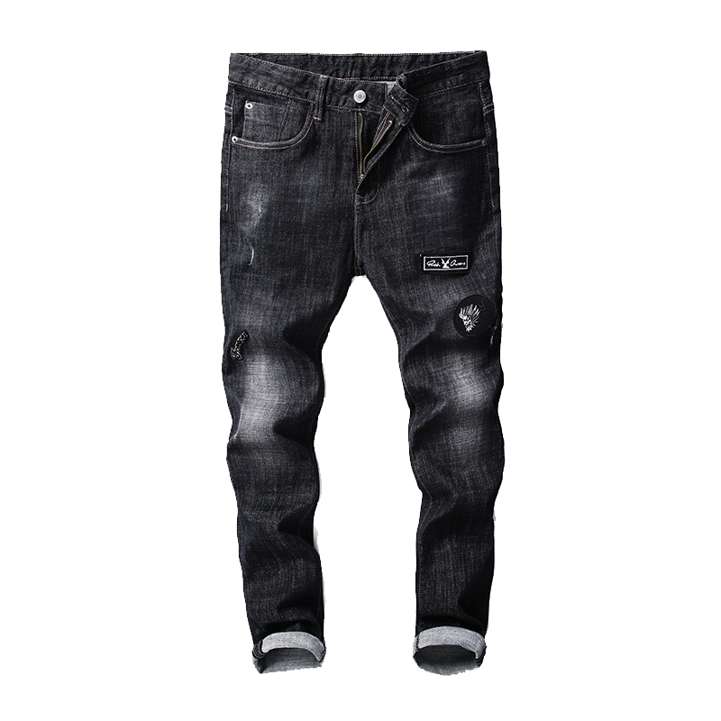 超音狼男装舒适透气韩版贴布弹力牛仔小脚裤2018HD-1810