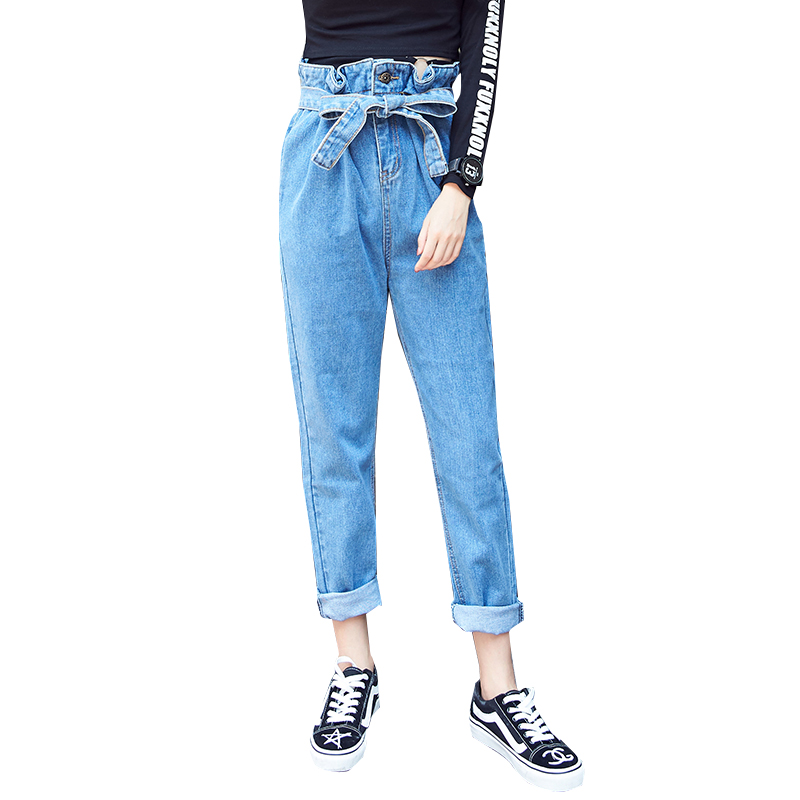 天淳尔女装舒适透气复古系带高腰牛仔长裤2018BJH-813 S 蓝色