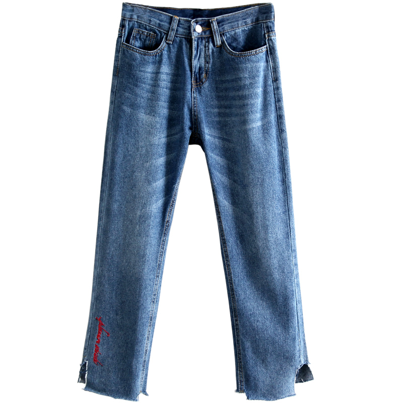 天淳尔女装舒适透气个性刺绣裤脚九分牛仔阔腿裤2017CYS-355 25码 深蓝色