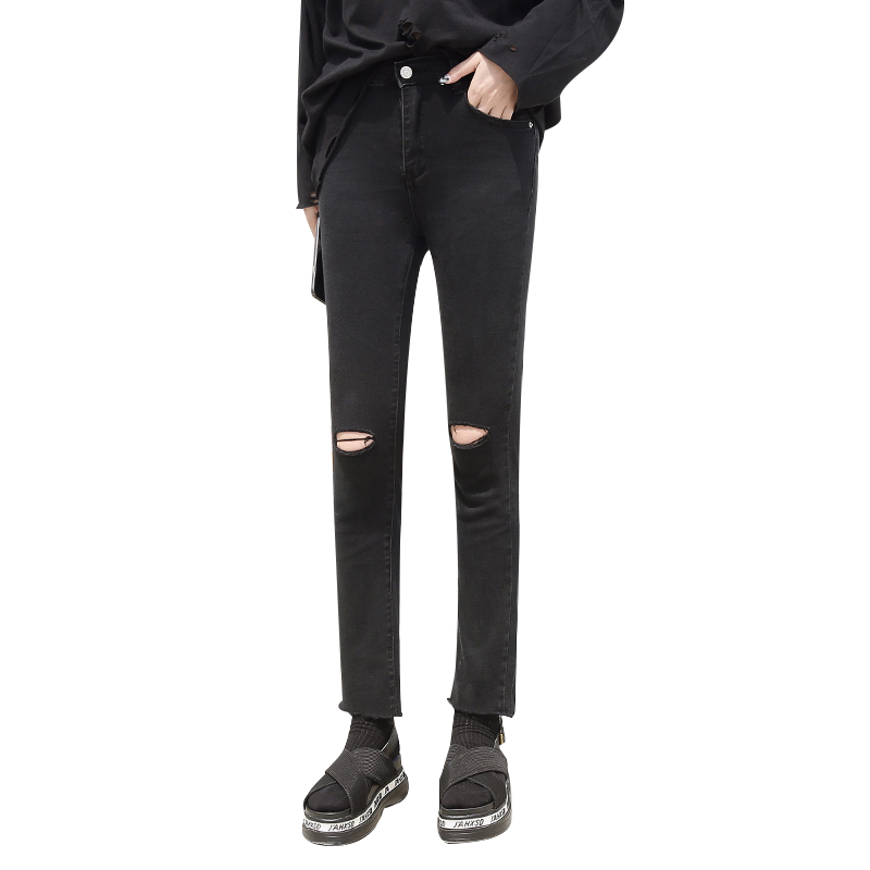 天淳尔女装舒适透气百搭多色膝盖破九分牛仔裤2018KJE-9938 浅蓝色 26码