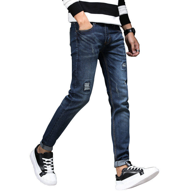 超音狼男装春夏弹力修身猫须手抓补丁小脚牛仔裤2018UK-909