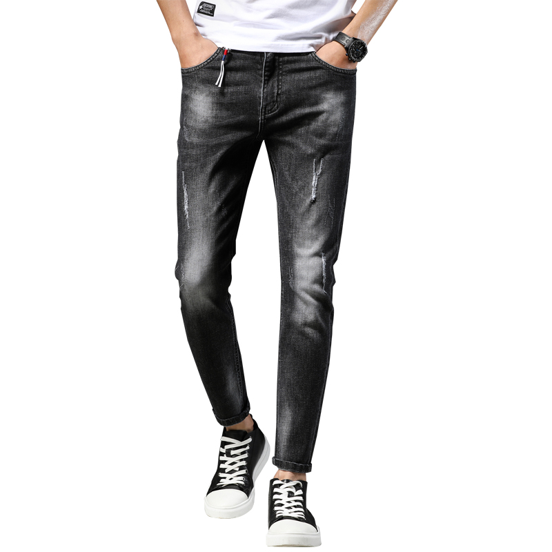 超音狼男装春夏弹力日系猫须磨白手抓九分牛仔裤2018HD-H316