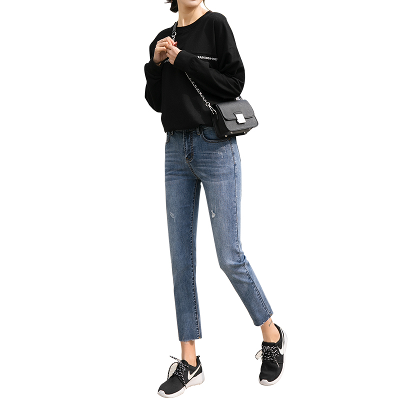 天淳尔女装春夏高腰微弹手抓猫须简约小直筒九分牛仔裤2018ATJ-9906