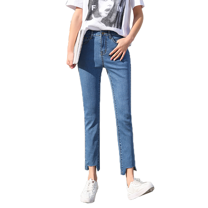 天淳尔女装春夏简约纯色小直筒个性缺口裤脚九分牛仔裤2018SS-160