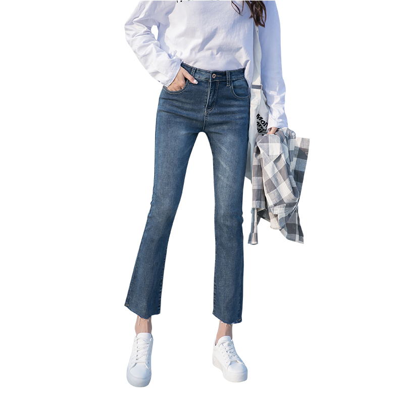 天淳尔女装春夏猫须磨白简约微喇叭九分牛仔裤2018YT-903