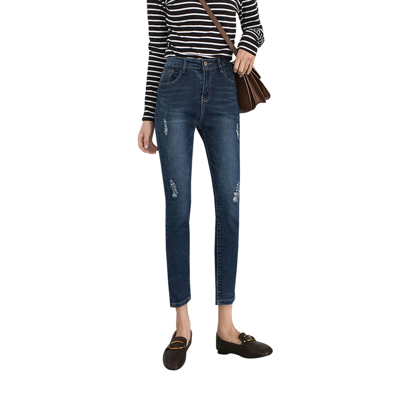 天淳尔女装春夏猫须磨白简约刮破九分牛仔裤2018YT-905