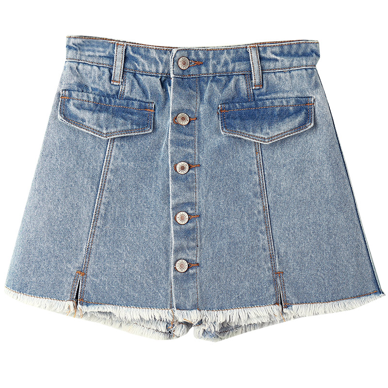 天淳尔女装夏季无弹高腰排扣毛边防光裤裙2018BJH-9821