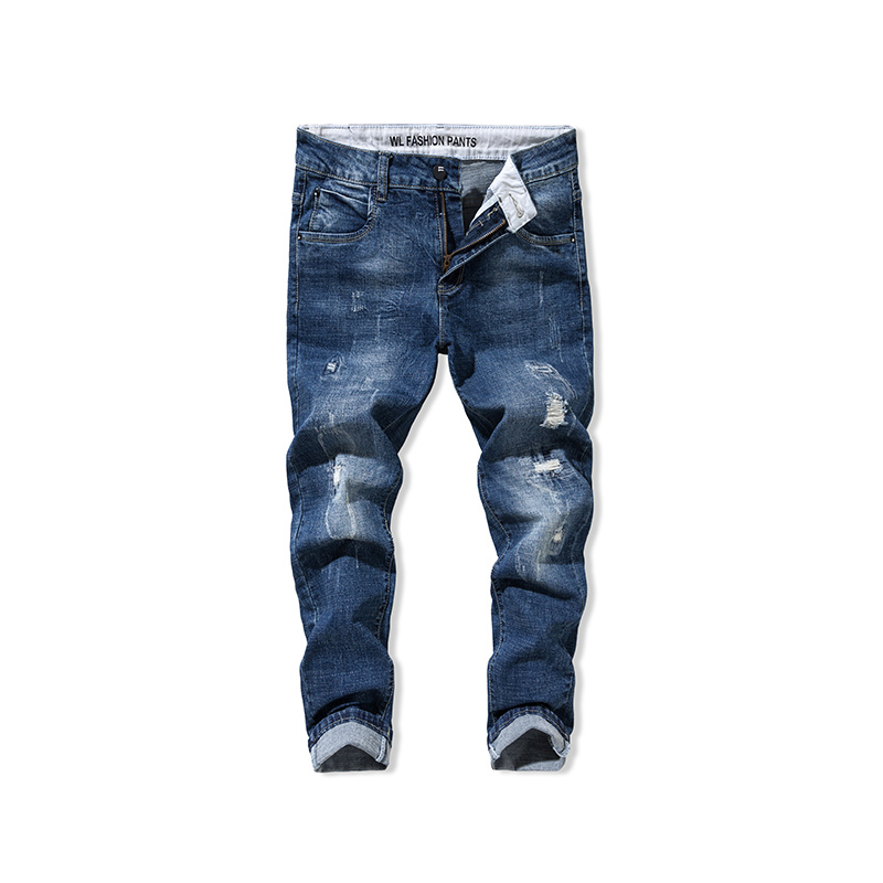 超音狼男装秋冬弹力磨白猫须手抓刮破布贴牛仔长裤2018WLYJ-1605