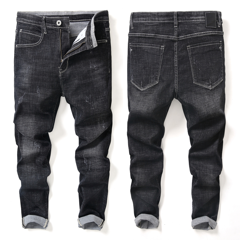 超音狼男装秋冬弹力修身磨白手抓简约小脚牛仔长裤2018JDX-3619