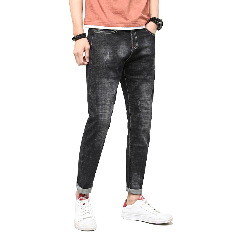 超音狼男装秋冬微弹修身磨白手抓线条系列牛仔长裤2018FT-711