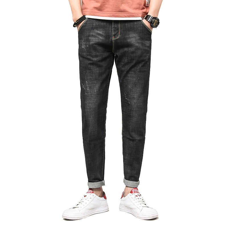超音狼男装秋冬微弹修身简约纯色磨白手抓牛仔长裤2018FT-718